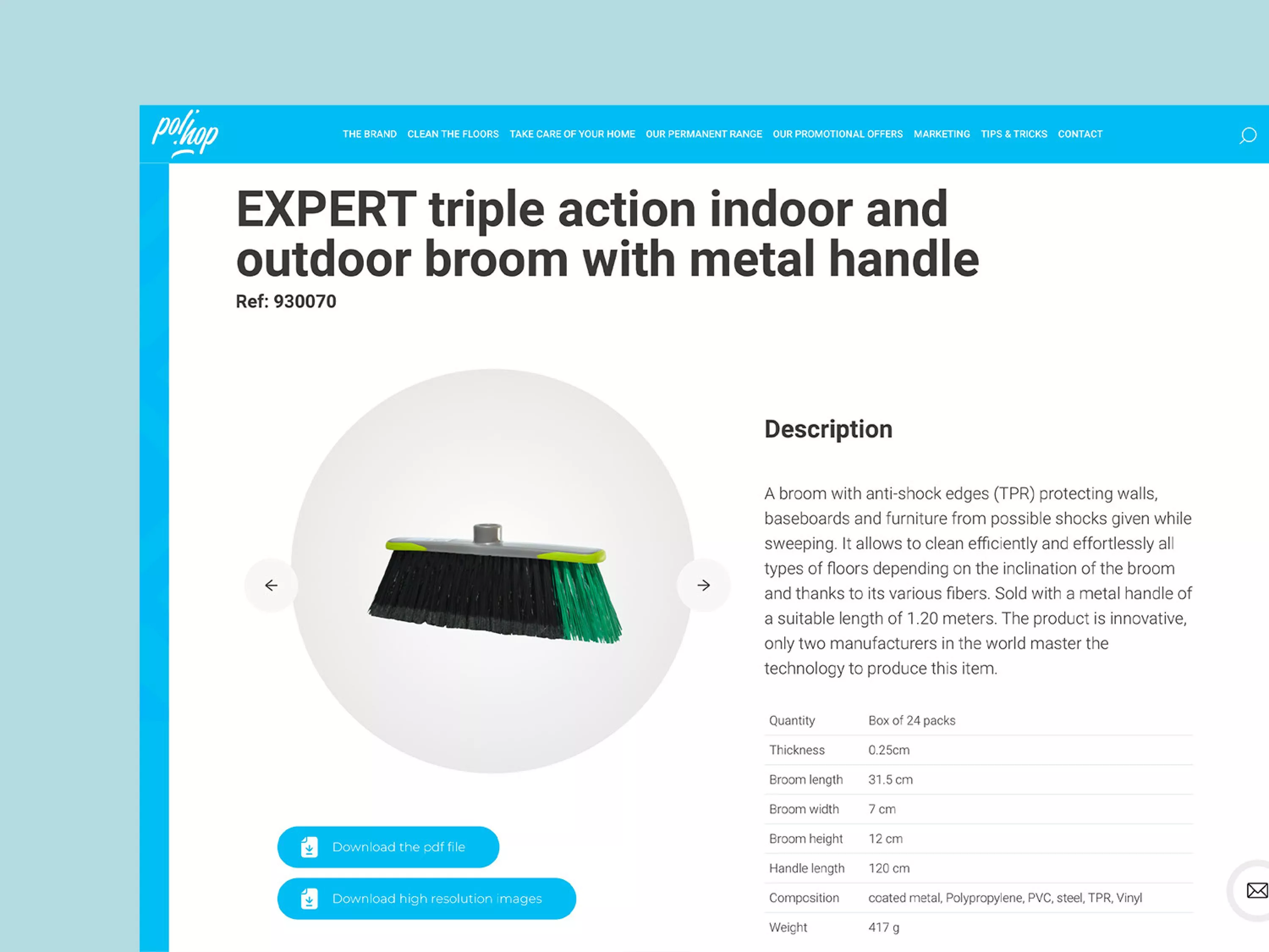 Screenshot of the product page of Pol'Hop's website. It features a broom sold by Pol'Hop